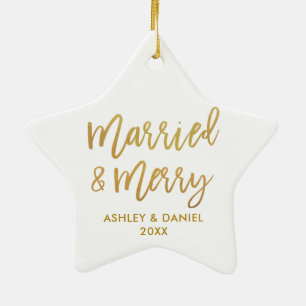 Gold Brush Script Married & Merry Wedding Star Ceramic Ornament