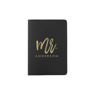 Gold Brush Script "Mr Last Name" Passport Holder
