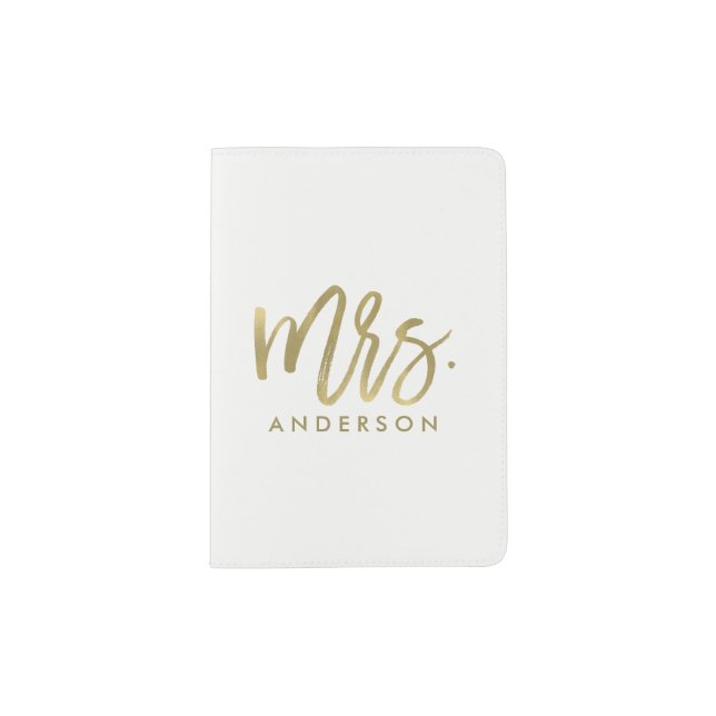 Gold Brush Script "Mrs Last Name" Passport Holder (Front)