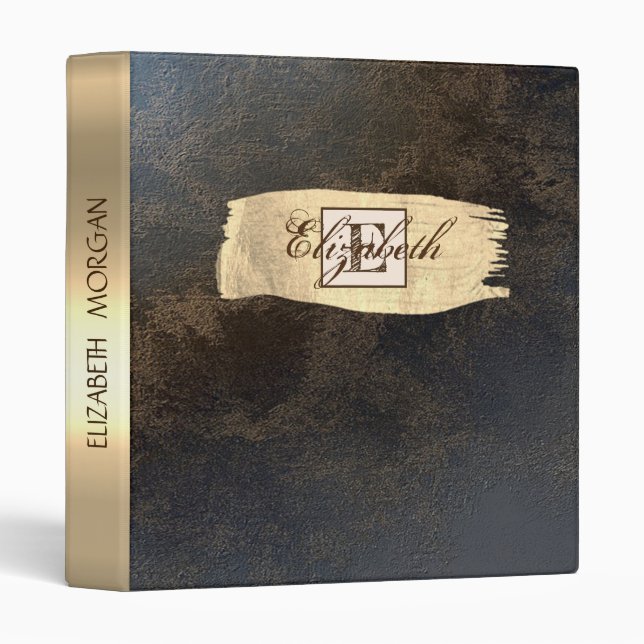 Gold Brush Stroke,Leather , Monogram -Personalized 3 Ring Binder (Front/Spine)