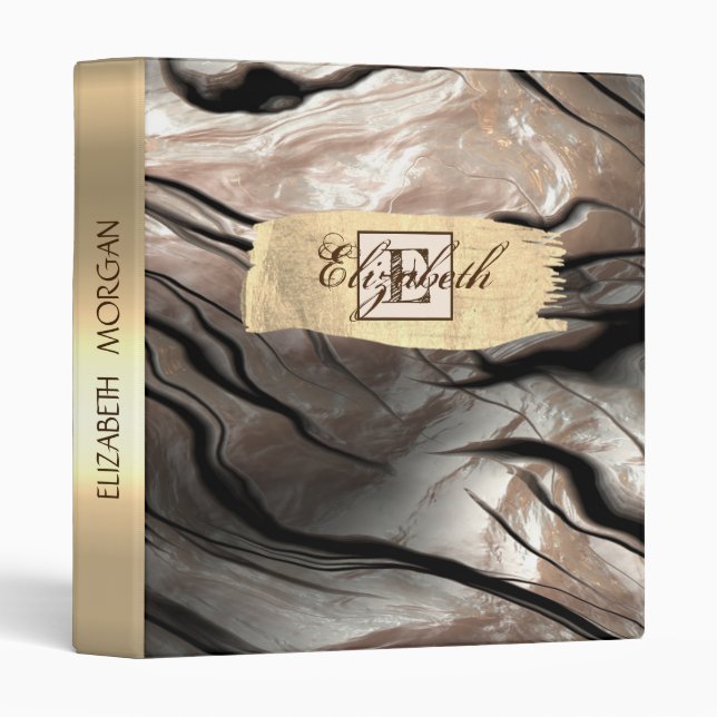 Gold Brush Stroke,Marble, Monogram -Personalized 3 Ring Binder (Front/Spine)