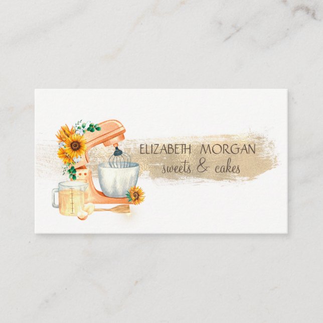  Gold Brush Stroke,Mixer Sunflowers Bakery Business Card (Front)