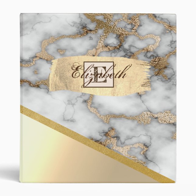  Gold Brush Stroke,White Gold Marble, Monogram  3 Ring Binder (Front)