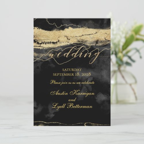 Gold Brush Strokes On Black Velvet Modern Wedding Invitation