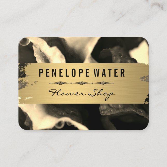 Gold Brushed and Floral Sepia Business Card (Front)