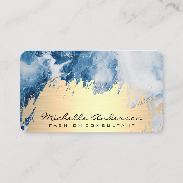 Gold Brushed | Blue Marble Background Business Card (Front)