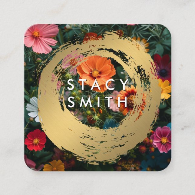 Gold Brushed | Colorful Flowers Square Business Card (Front)