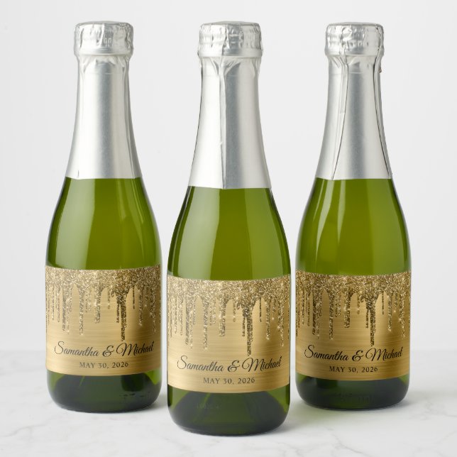 Gold Brushed Foil Faux Glitter Drip Wedding Sparkling Wine Label (Bottles)