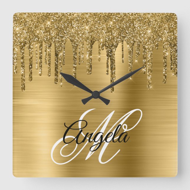 Gold Brushed Foil Glitter Drip Fancy Monogram Square Wall Clock (Front)