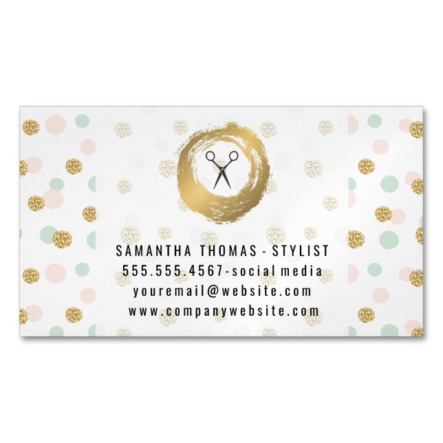 Gold Brushed | Glitter Polka Dots Business Card Magnet (Front)