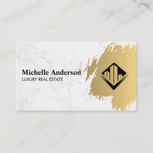Gold Brushed | Marble | Real Estate Agent Business Card (Front)