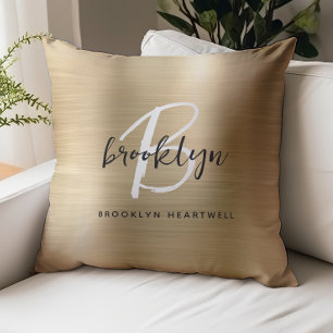 Gold Brushed Metal Black White Monogram Name Throw Pillow