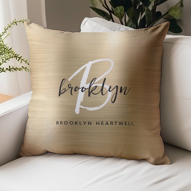 Gold Brushed Metal Black White Monogram Name Throw Pillow (Creator Uploaded)