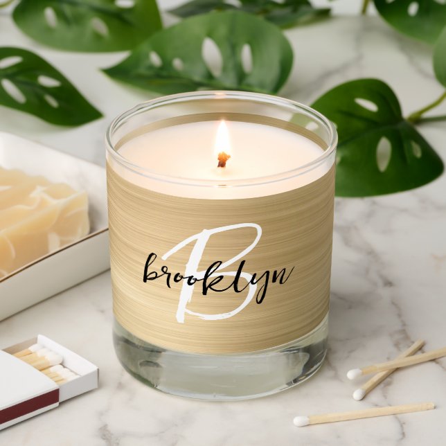 Gold Brushed Metal Black White Monogram Scented Candle (Lit)