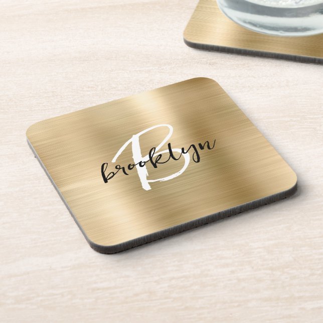 Gold Brushed Metal Black White Script Monogram  Beverage Coaster (Left Side)