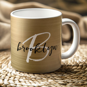 Gold Brushed Metal Black White Script Monogram Coffee Mug