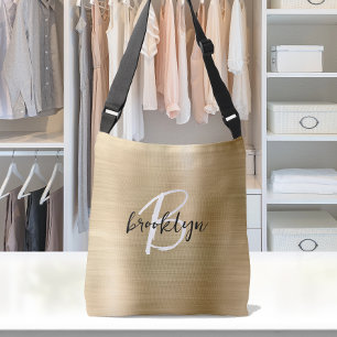 Gold Brushed Metal Black White Script Monogram Crossbody Bag