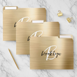 Gold Brushed Metal Black White Script Monogram File Folder