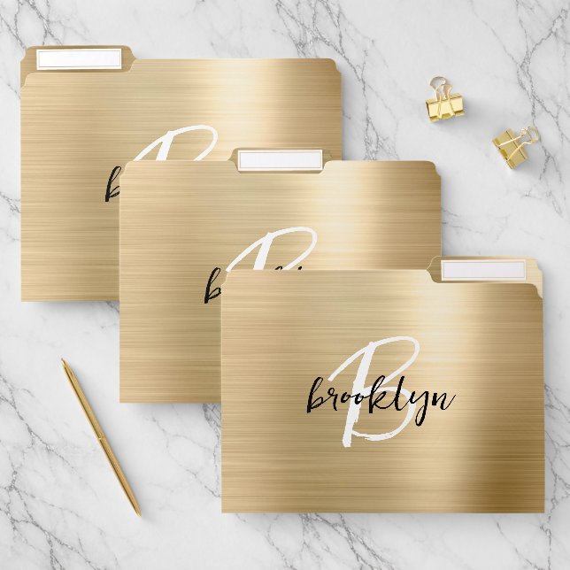 Gold Brushed Metal Black White Script Monogram File Folder (Set)