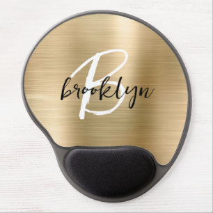 Gold Brushed Metal Black White Script Monogram  Gel Mouse Pad