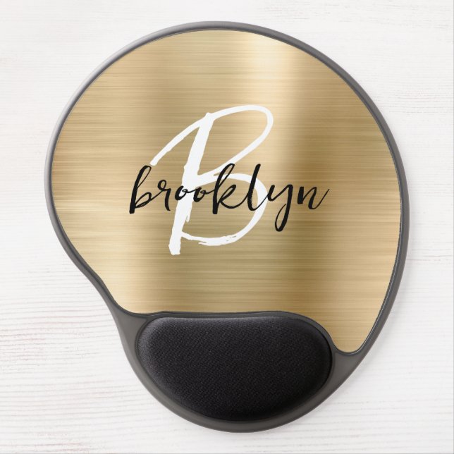 Gold Brushed Metal Black White Script Monogram  Gel Mouse Pad (Front)