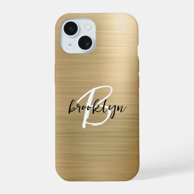 Gold Brushed Metal Black White Script Monogram  Iphone Case (Back)