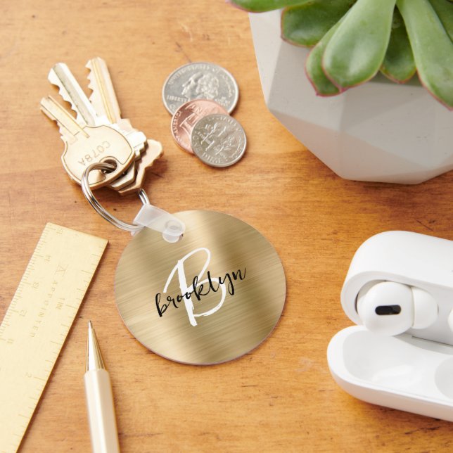 Gold Brushed Metal Black White Script Monogram  Keychain (Desk)