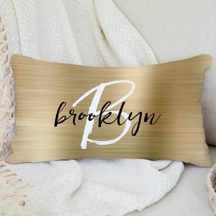 Gold Brushed Metal Black White Script Monogram Lumbar Pillow