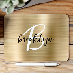 Gold Brushed Metal Black White Script Monogram  Mouse Pad