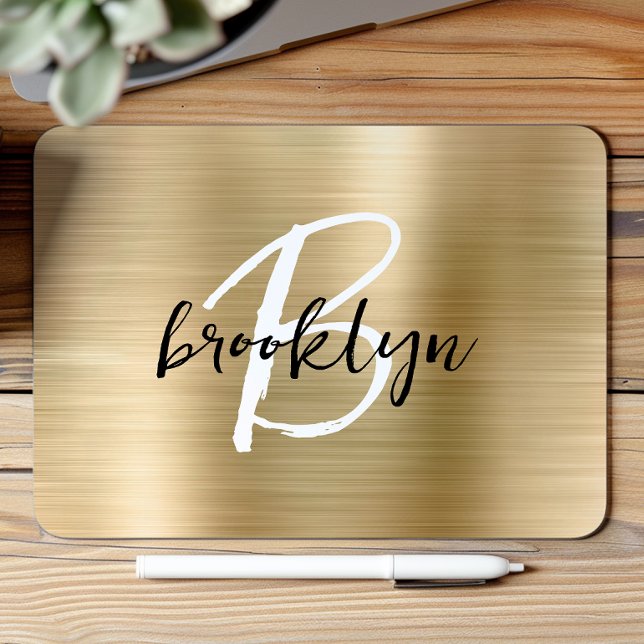 Gold Brushed Metal Black White Script Monogram  Mouse Pad (Creator Uploaded)