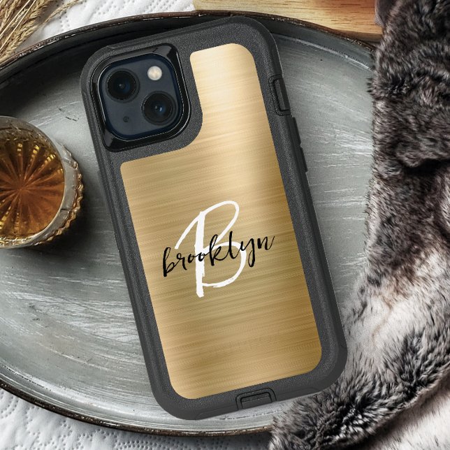 Gold Brushed Metal Black White Script Monogram Otterbox iPhone Case (Creator Uploaded)