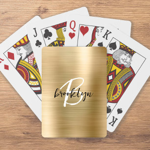Gold Brushed Metal Black White Script Monogram Poker Cards