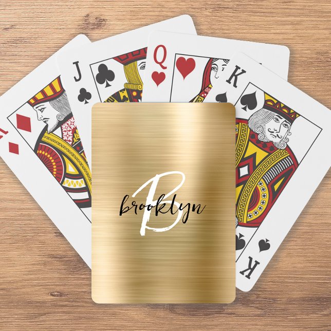 Gold Brushed Metal Black White Script Monogram  Poker Cards (Creator Uploaded)
