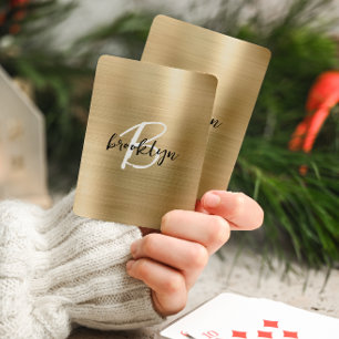 Gold Brushed Metal Black White Script Monogram Poker Cards