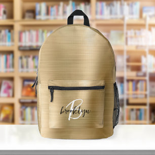 Gold Brushed Metal Black White Script Monogram  Printed Backpack