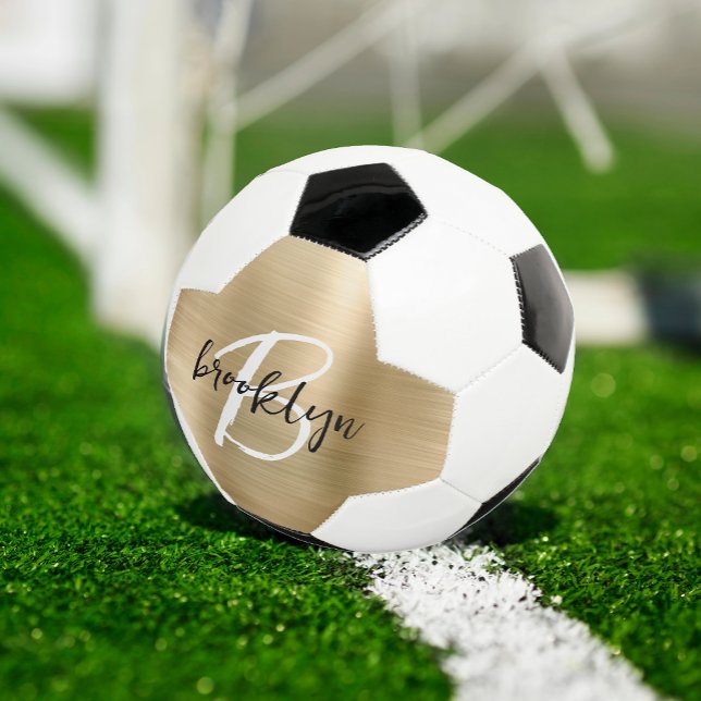 Gold Brushed Metal Black White Script Monogram  Soccer Ball (Creator Uploaded)