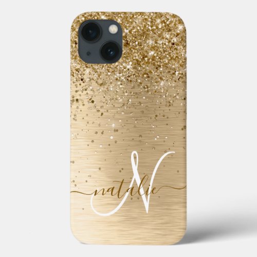 Gold Brushed Metal Glitter Monogram Name iPhone 13 Case