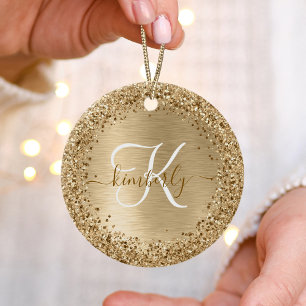 Gold Brushed Metal Glitter Monogram Name Ceramic Ornament