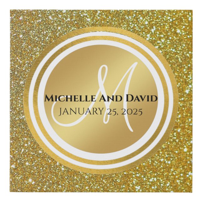 Gold Brushed Metal Glitter Monogram Name  Faux Canvas Print (Front)