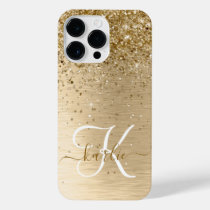 Gold Brushed Metal Glitter Monogram Name iPhone 14 Pro Max Case