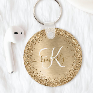 Gold Brushed Metal Glitter Monogram Name Keychain