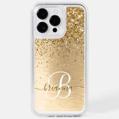 Gold Brushed Metal Glitter Monogram Name OtterBox iPhone 14 Pro Max Case