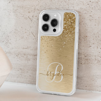 Gold Brushed Metal Glitter Monogram Name iPhone 15 Pro Case