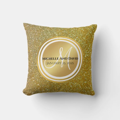 Gold Brushed Metal Glitter Monogram Name  Throw Pillow
