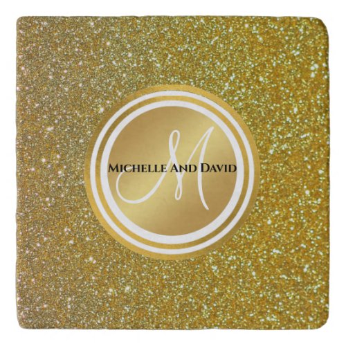 Gold Brushed Metal Glitter Monogram Name  Trivet