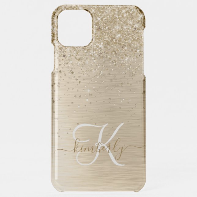 Gold Brushed Metal Glitter Monogram Name Uncommon iPhone Case (Back)