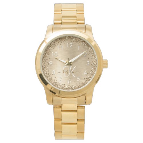 Gold Brushed Metal Glitter Monogram Name Watch