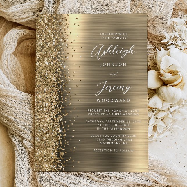 Gold Brushed Metal Glitter Script Wedding Invitation (Creator Uploaded)