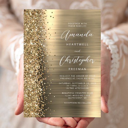 Gold Brushed Metal Glitter Script Wedding Invitation