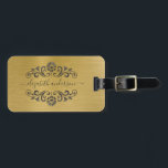 Gold Brushed Metal Monogram Name Script Luggage Tag<br><div class="desc">A classy metallic gold brushed metal Luggage tag. Luggage tag has script monogram with a metallic gold background. Add your address on the back of the luggage tag. Designed for you by Blackberry Boulevard.</div>